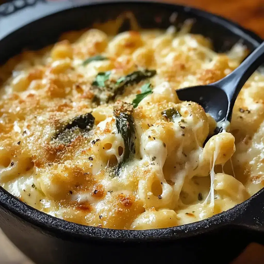 A close-up of creamy, cheesy macaroni and cheese with baked breadcrumbs, served in a black cast iron dish.