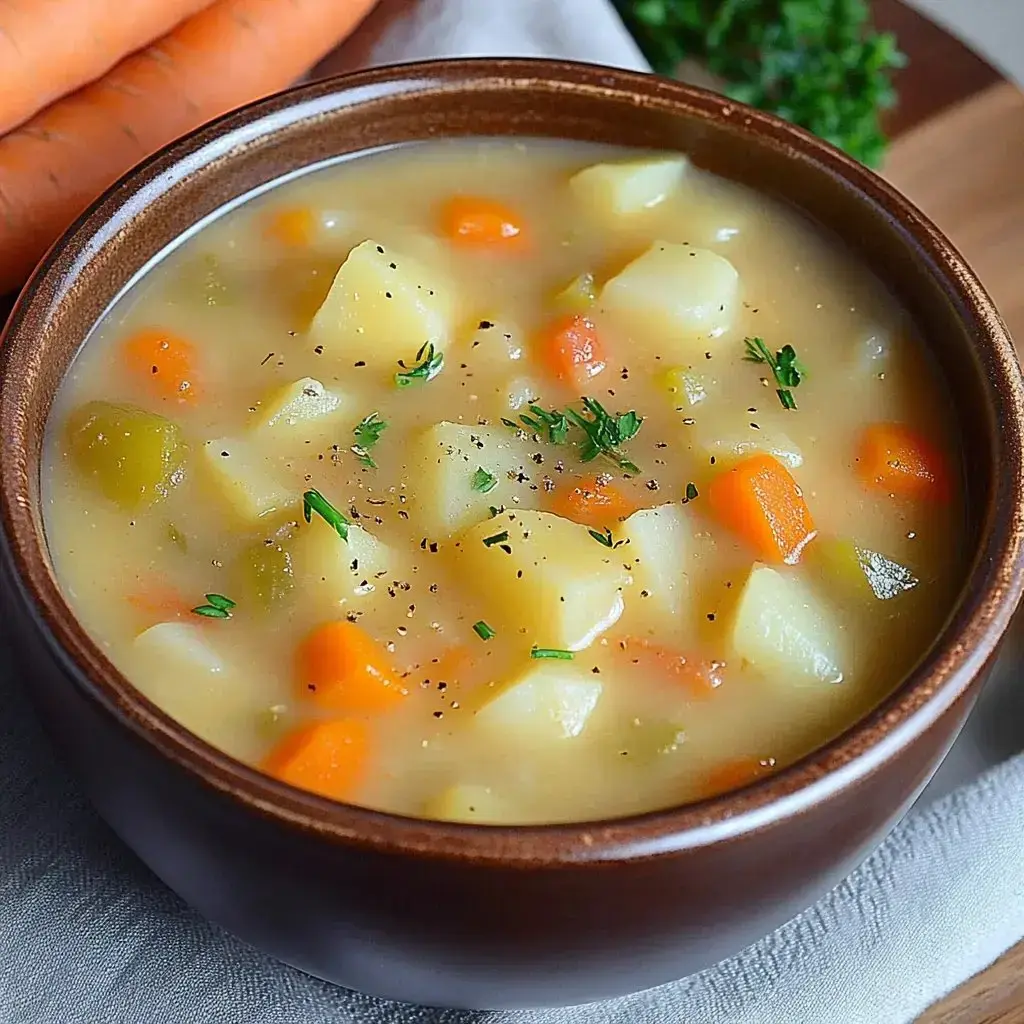 A bowl of creamy vegetable soup filled with diced potatoes, carrots, and green beans, garnished with herbs.