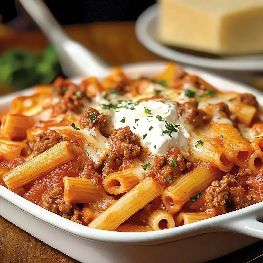 A bowl of rigatoni pasta topped with meat sauce, cheese, and a dollop of sour cream, garnished with parsley.