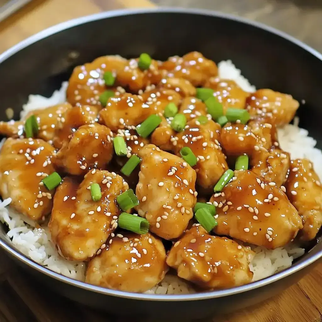 A bowl of cooked rice topped with pieces of chicken coated in a shiny brown sauce, garnished with sesame seeds and chopped green onions.