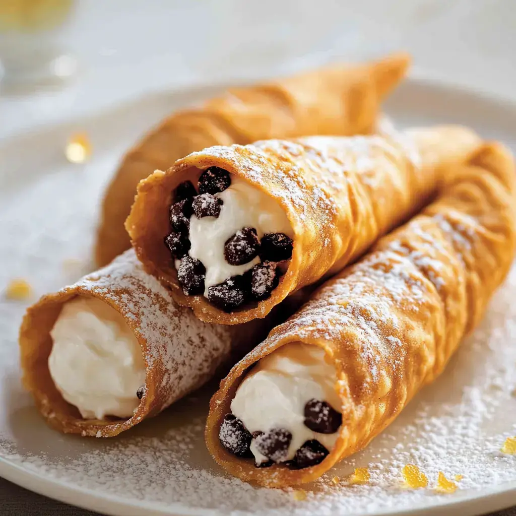 Three crispy cannoli filled with creamy ricotta and chocolate chips, dusted with powdered sugar, sit on a plate.