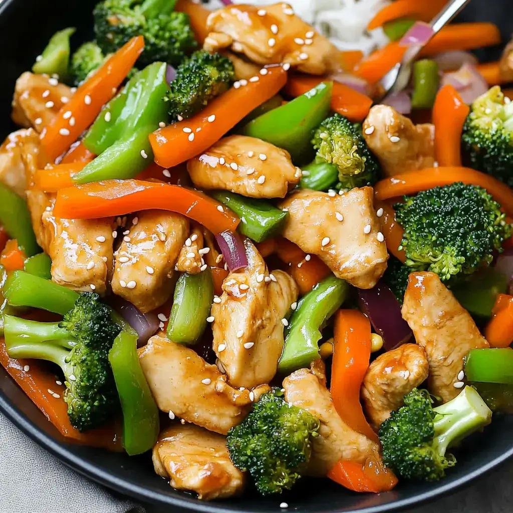 A vibrant dish of stir-fried chicken mixed with bell peppers, broccoli, and a light sesame garnish.