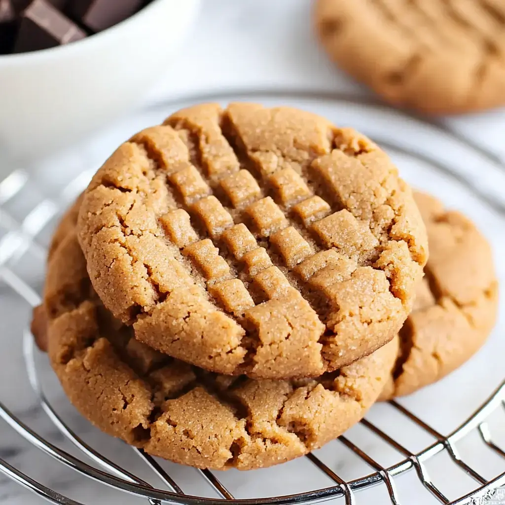 A close-up of two stacked peanut butter cookies with a crisscross pattern on top, resting on a wire rack, with a bowl of chocolate chunks in the background.