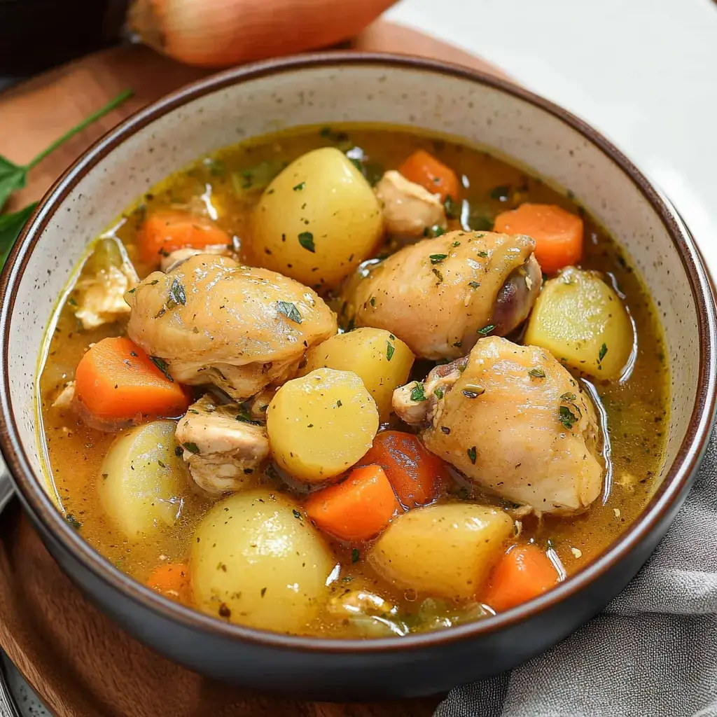 A bowl of chicken stew with potatoes, carrots, and herbs in a savory broth.