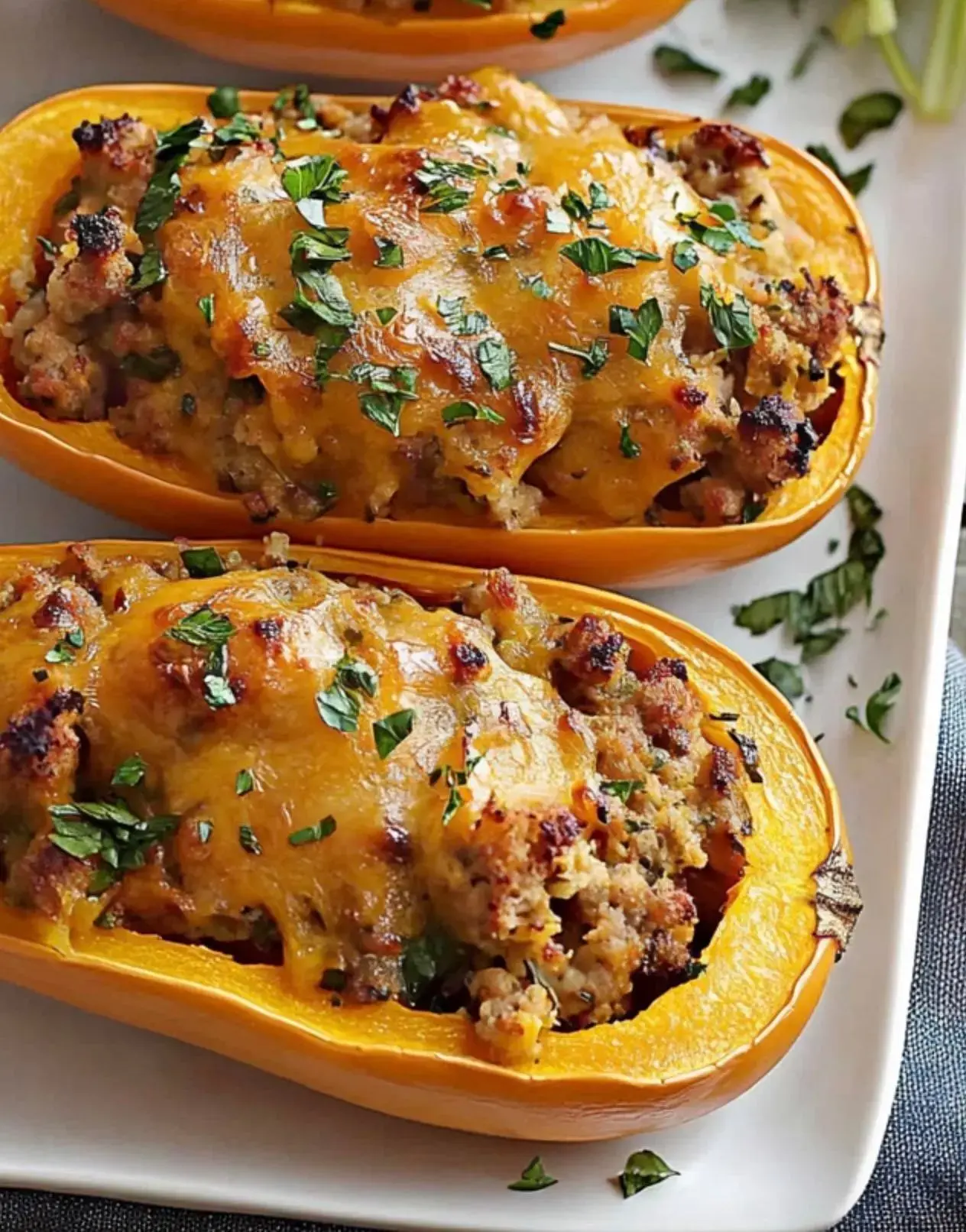 Stuffed butternut squash topped with melted cheese and garnished with fresh herbs on a white plate.