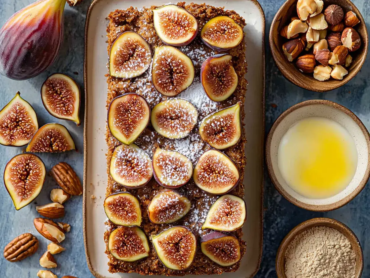 A delicious rectangular cake topped with sliced figs and dusted with powdered sugar, surrounded by whole and halved figs, nuts, and a small bowl of oil.