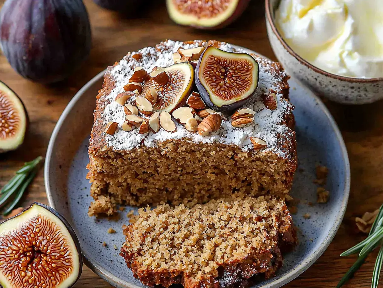 A slice of fig cake topped with sliced figs and almonds, served alongside a bowl of whipped cream.