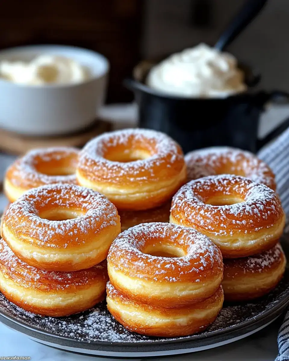 A plate of powdered sugar-dusted donuts with a bowl of cream in the background.