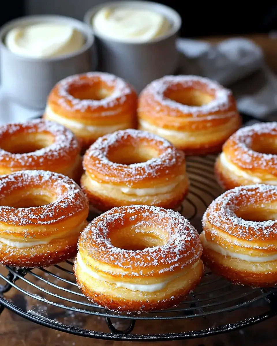 A close-up of glazed, filled doughnuts dusted with powdered sugar on a wire rack, with two cups of creamy frosting blurred in the background.