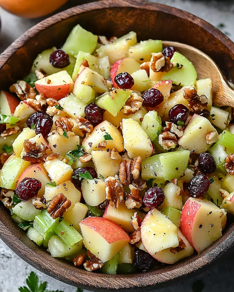 A wooden bowl filled with a colorful salad made of diced apples, celery, cranberries, and pecans, garnished with fresh herbs.