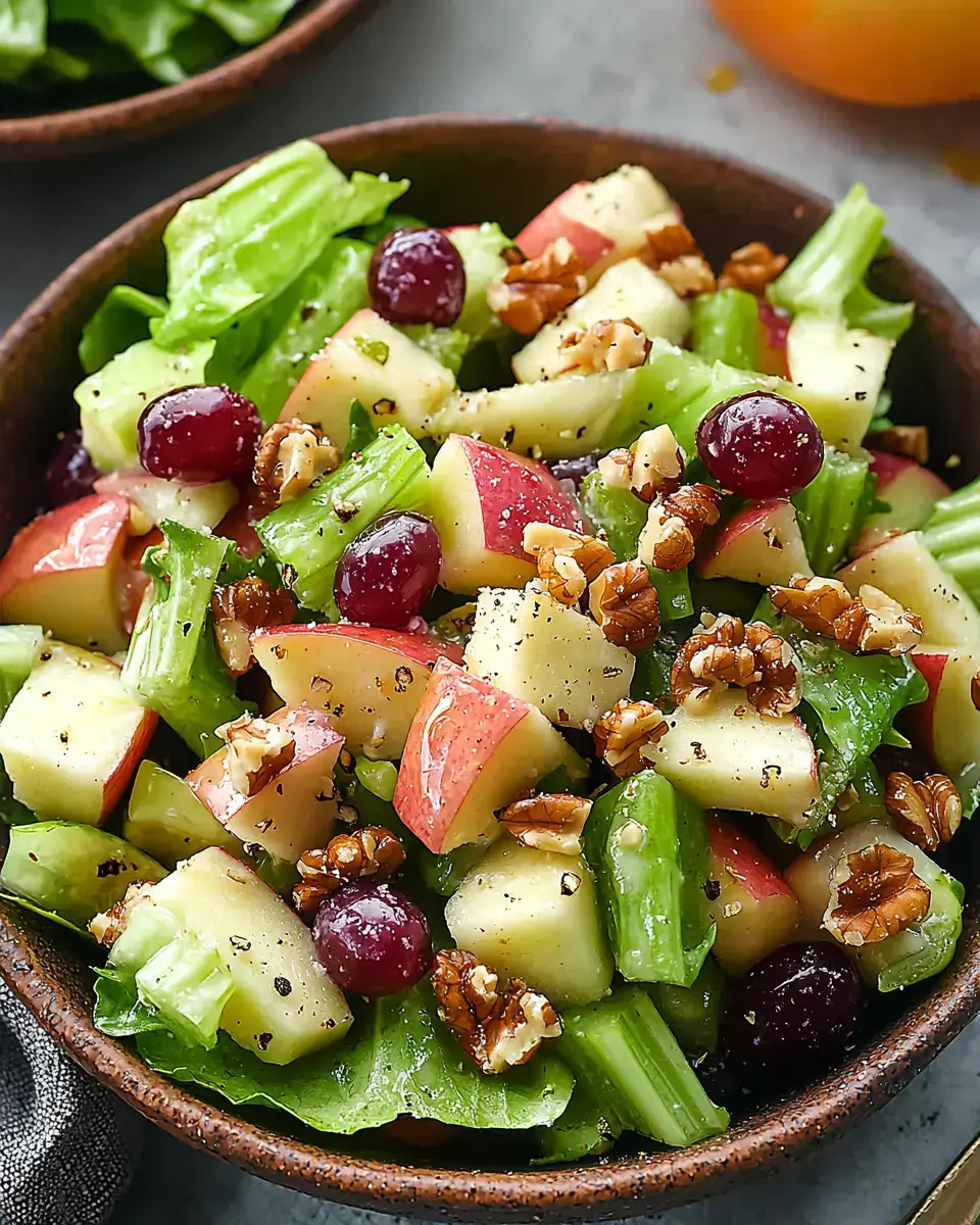 A vibrant salad featuring lettuce, diced apples, grapes, and chopped pecans, all seasoned with black pepper.