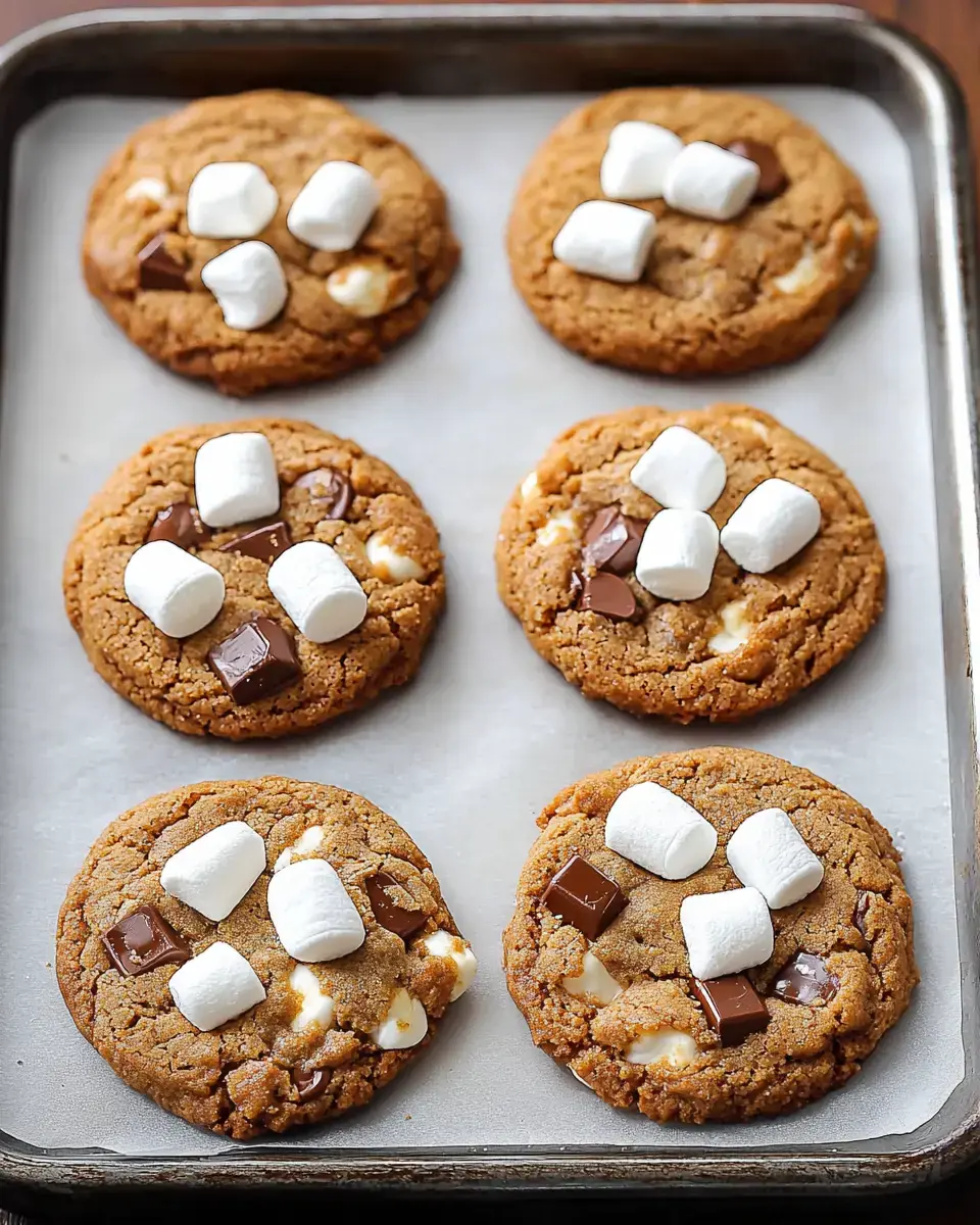 A tray of freshly baked cookies topped with chocolate chunks and marshmallows.