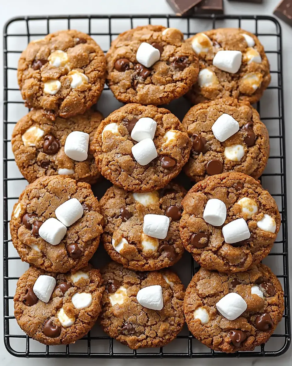 A close-up view of freshly baked cookies with melted chocolate chips and marshmallows, arranged on a wire cooling rack.