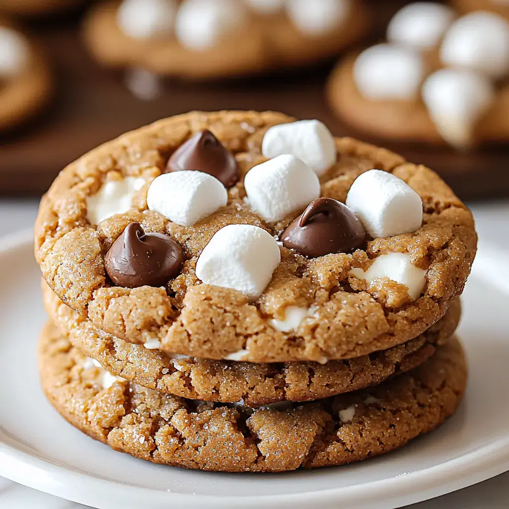 Three stacked cookies topped with chocolate chips and marshmallows on a white plate.