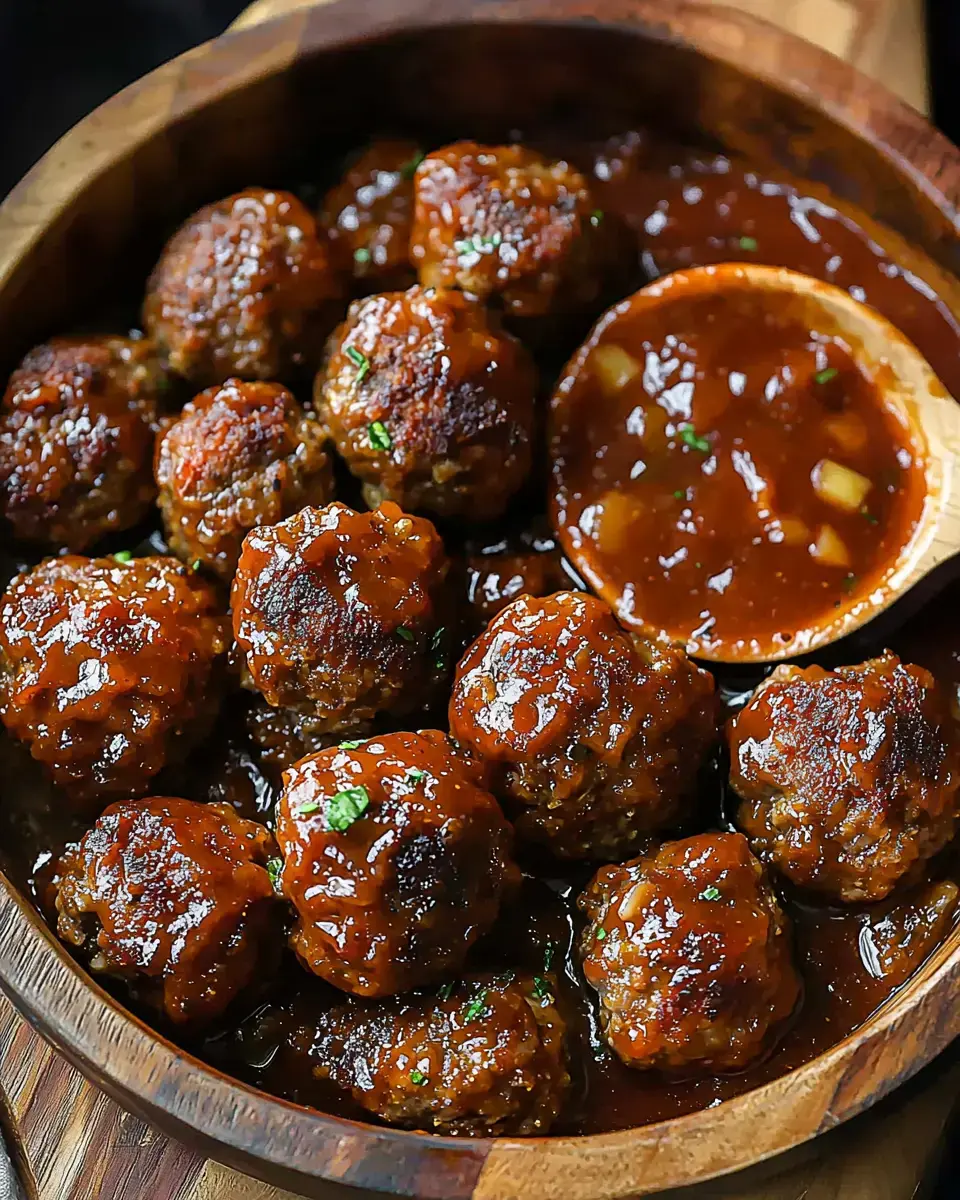 A wooden bowl filled with glistening meatballs coated in a rich sauce, accompanied by a wooden spoon.