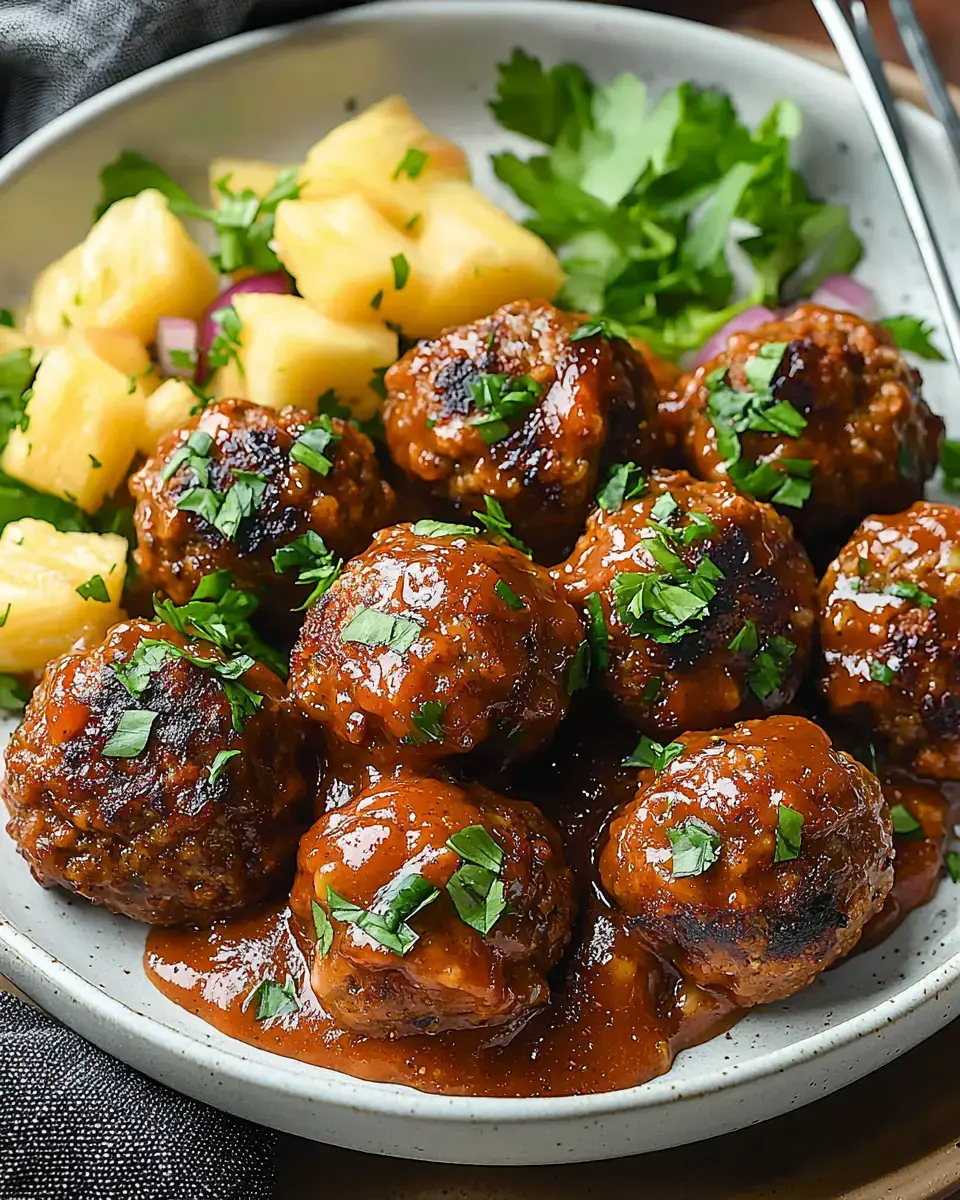 A plate of glazed meatballs garnished with chopped herbs, served alongside pineapple chunks and fresh greens.