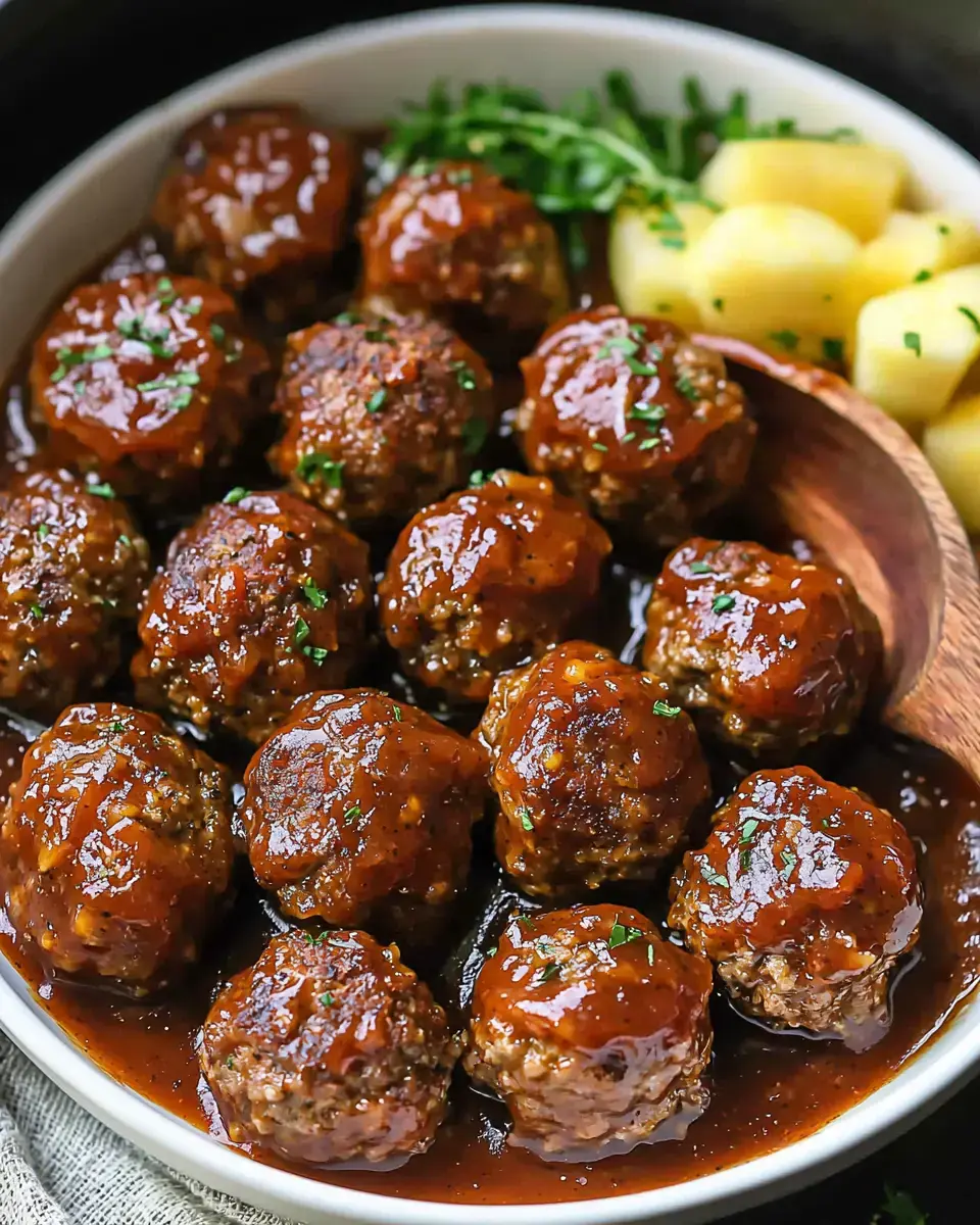 A bowl of meatballs glazed with sauce, garnished with parsley, and served alongside chunks of potato.