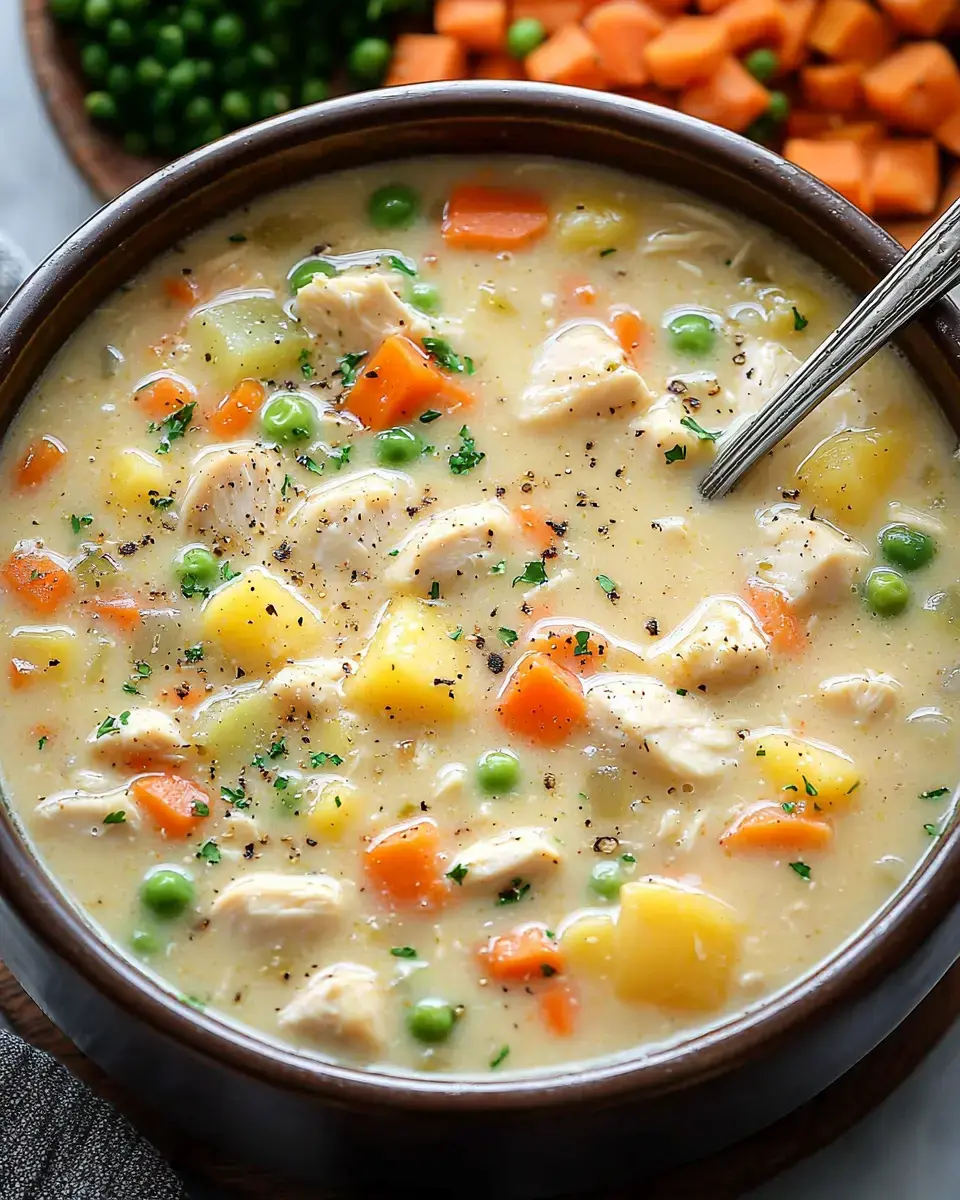 A bowl of creamy chicken soup filled with diced vegetables such as carrots, peas, and potatoes, garnished with herbs.