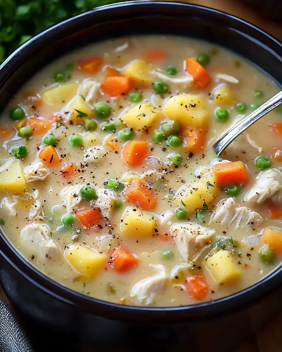 A close-up of a steaming bowl of chicken soup filled with chunks of potatoes, carrots, peas, and shredded chicken, garnished with black pepper.