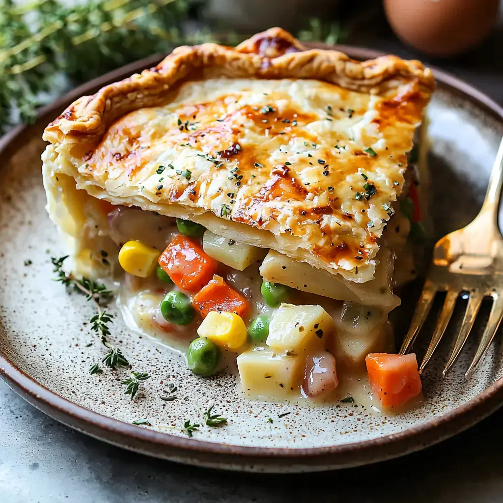 A slice of golden, flaky vegetable pot pie filled with colorful diced vegetables on a rustic plate.