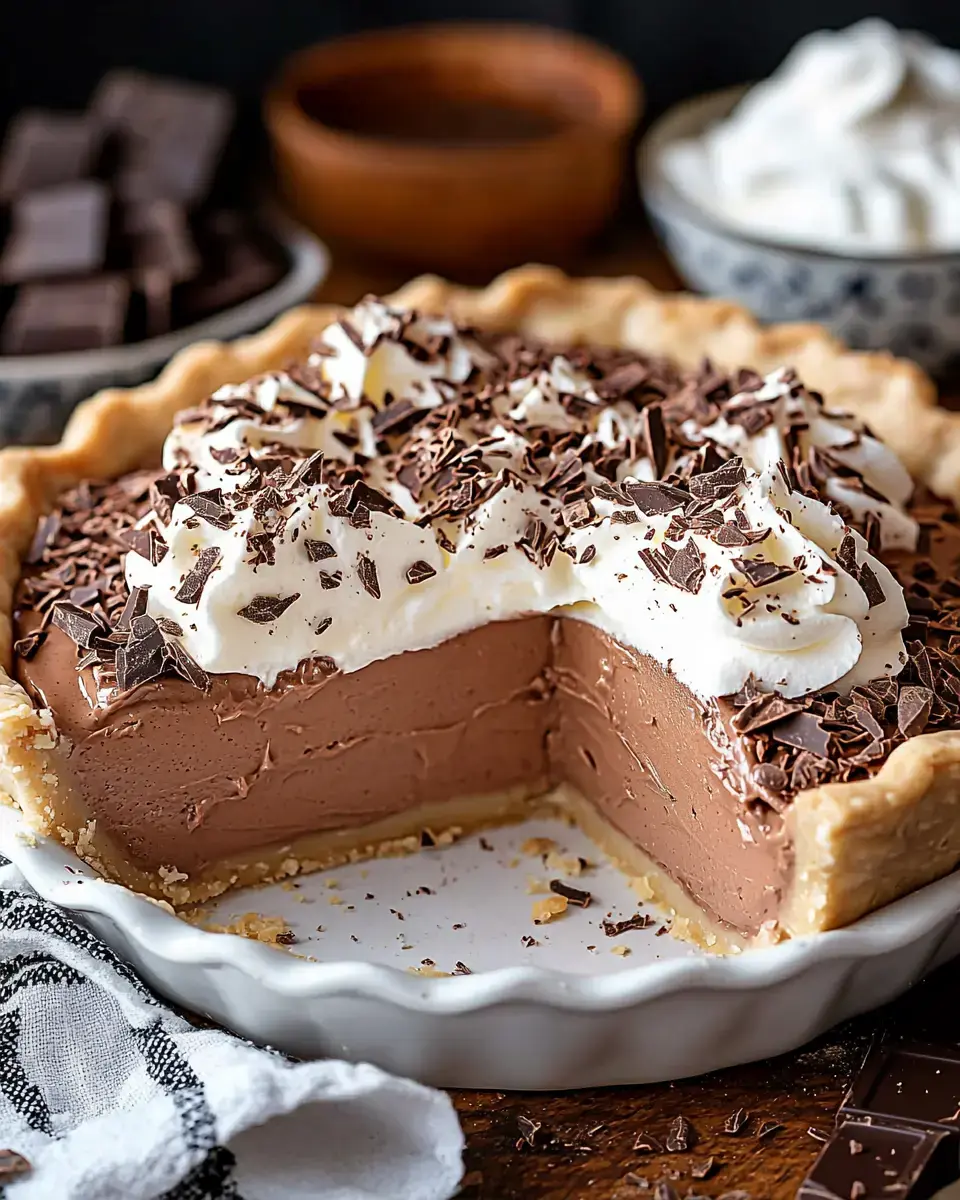 A chocolate cream pie with whipped cream and chocolate shavings, showcasing a sliced piece revealing its rich filling.