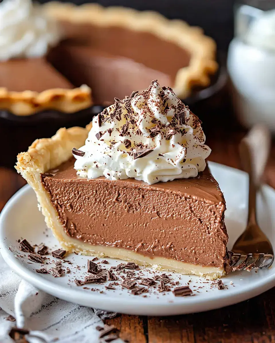 A slice of rich chocolate pie topped with whipped cream and chocolate shavings served on a white plate.