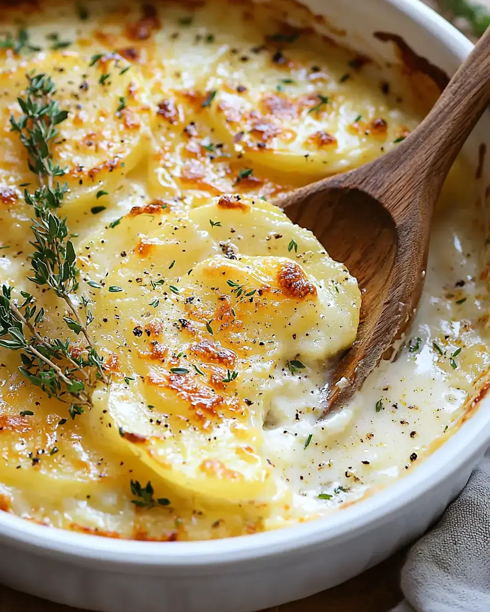 A creamy and golden-brown dish of scalloped potatoes garnished with fresh thyme and black pepper, served with a wooden spoon.