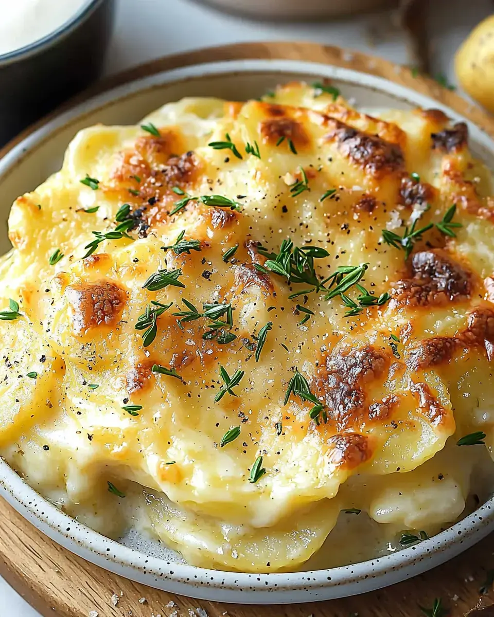 A creamy and golden-browned potato gratin topped with fresh herbs and black pepper served in a white dish.