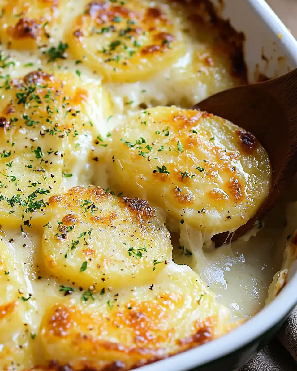 A creamy potato dish with golden-brown, cheesy top layers, garnished with parsley, is being served with a wooden spoon.