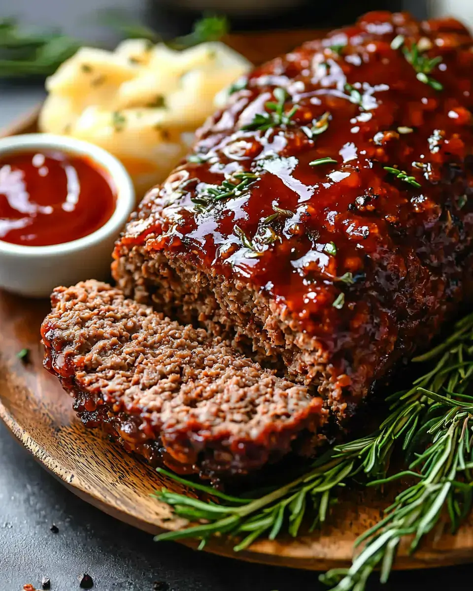 A freshly sliced meatloaf, topped with a glossy glaze and garnished with herbs, served alongside mashed potatoes and a small bowl of ketchup.