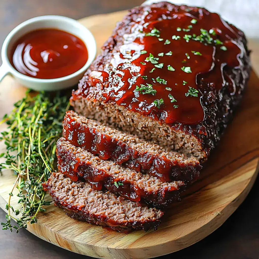 A sliced meatloaf topped with barbecue sauce and garnished with herbs, served on a wooden platter alongside a small bowl of sauce.