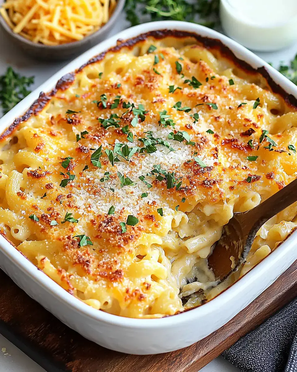 A creamy baked macaroni and cheese dish topped with breadcrumbs and parsley in a white serving dish, accompanied by a bowl of shredded cheese.