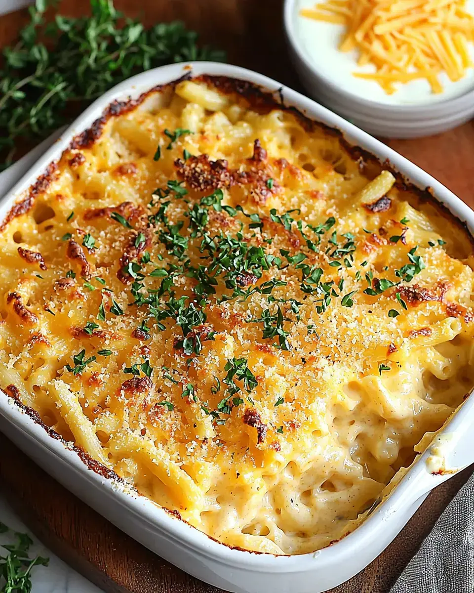 A creamy baked macaroni and cheese dish topped with golden breadcrumbs and fresh herbs.