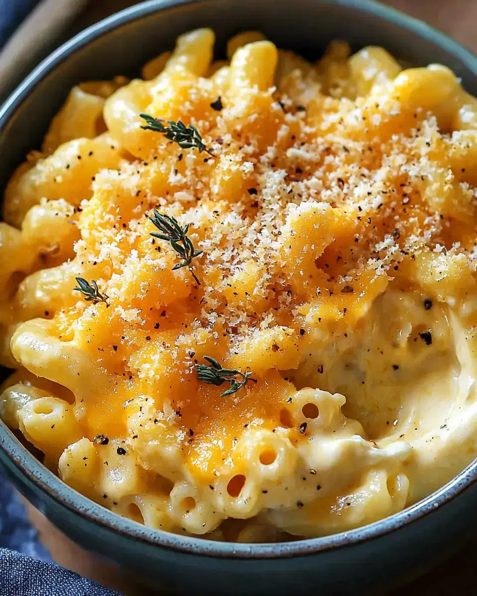 A bowl of creamy macaroni and cheese topped with shredded cheese, breadcrumbs, and a sprinkle of thyme.