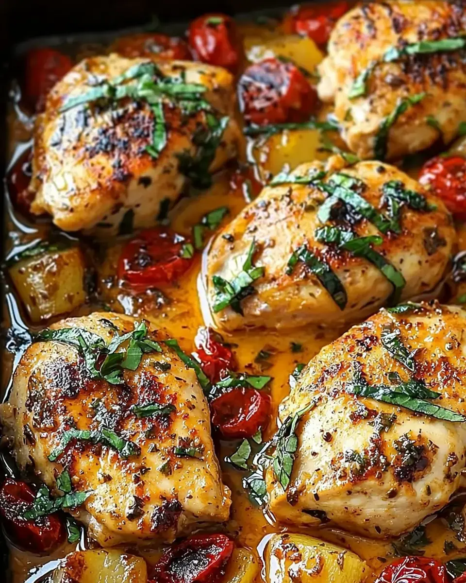 A close-up of seasoned cooked chicken breasts garnished with fresh basil, surrounded by cherry tomatoes and yellow vegetables in a savory sauce.