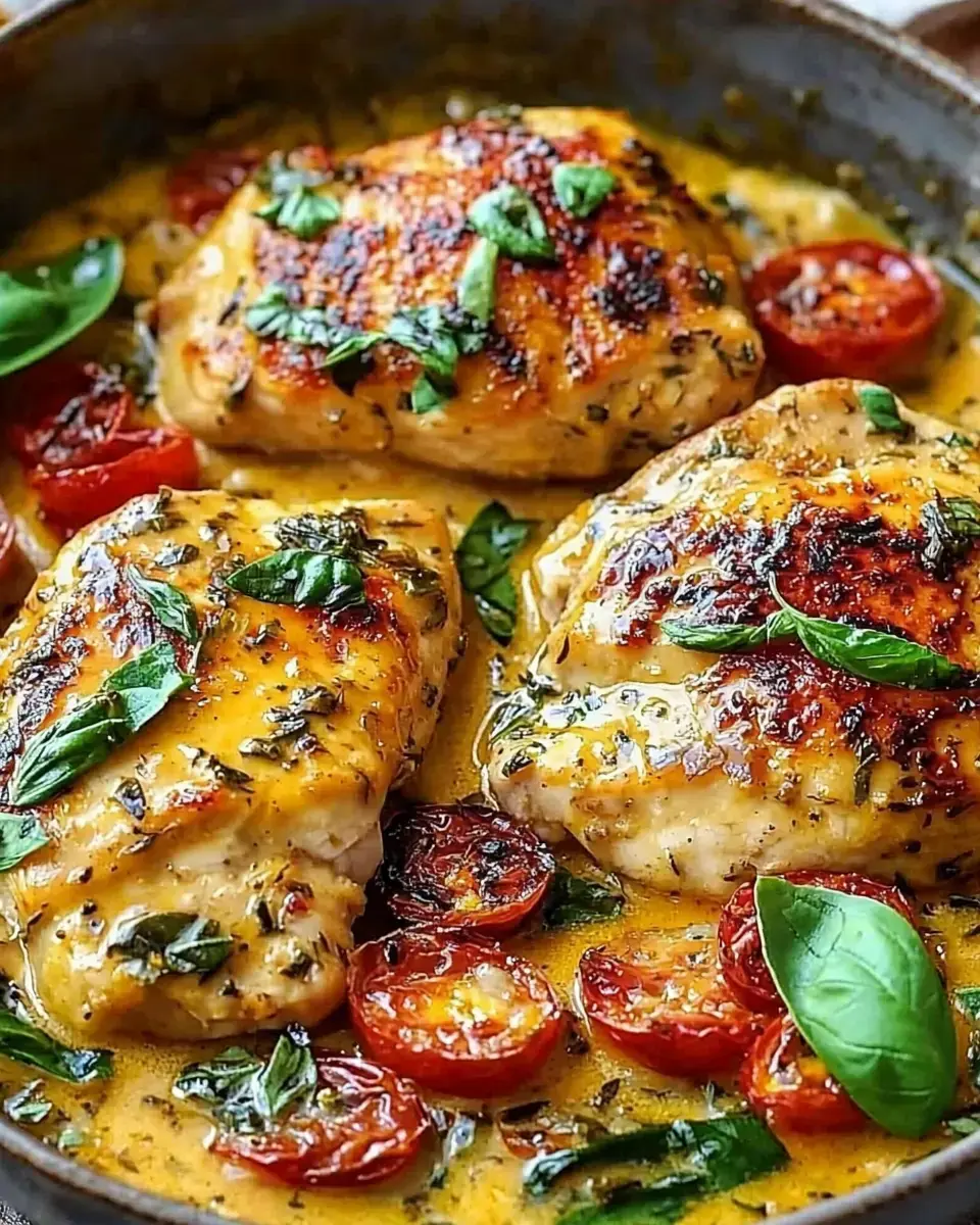 A skillet filled with golden-brown chicken thighs cooked with cherry tomatoes and fresh basil in a creamy sauce.