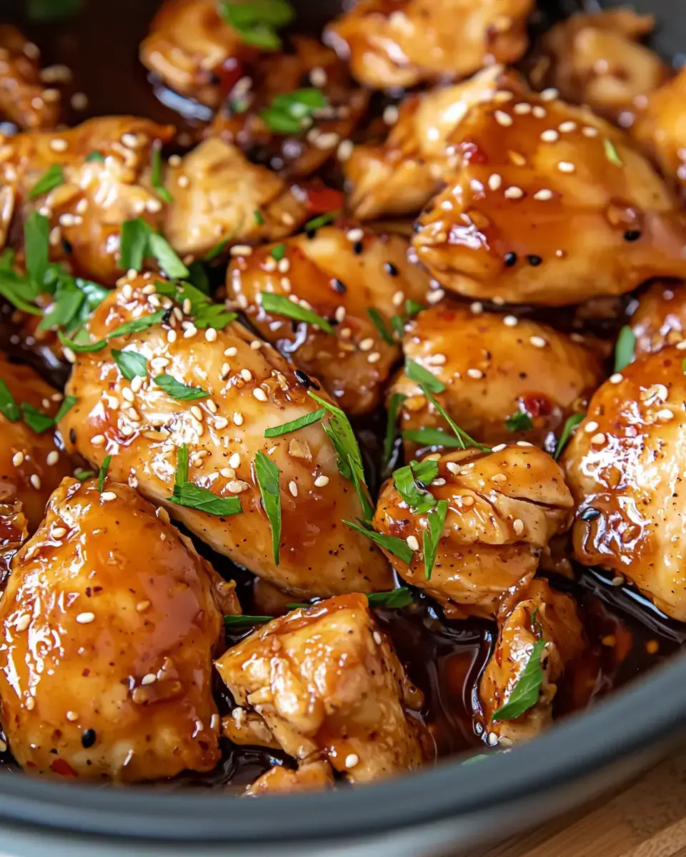 A close-up image of glazed chicken pieces garnished with sesame seeds and chopped herbs in a dark sauce.