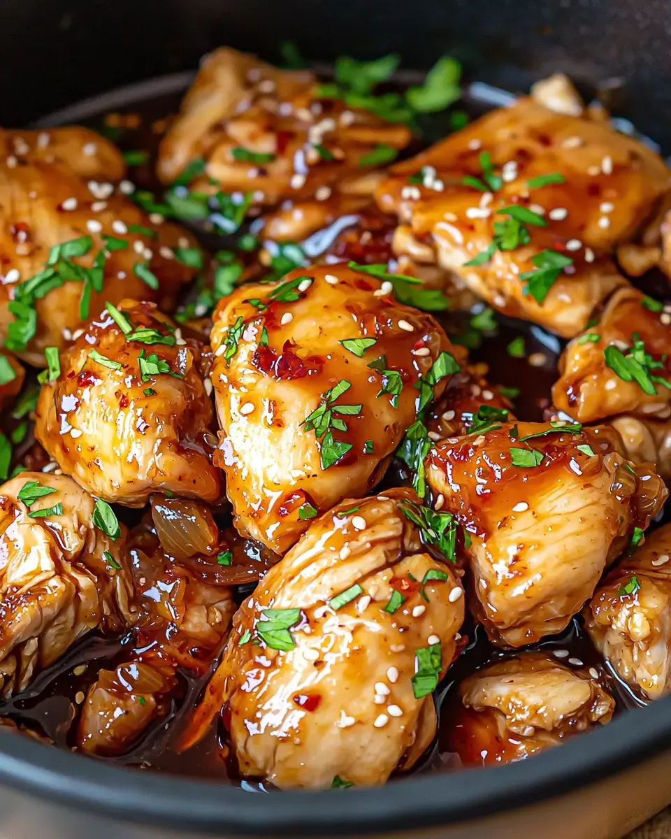 A close-up of tender chicken pieces glazed in a rich sauce, garnished with sesame seeds and fresh herbs.