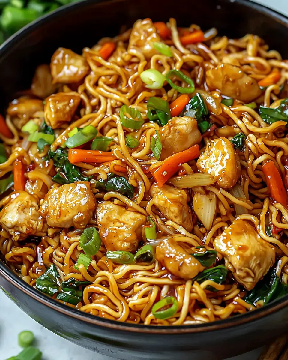 A close-up view of a bowl of stir-fried noodles with chicken pieces, green onions, carrots, and leafy vegetables in a savory sauce.