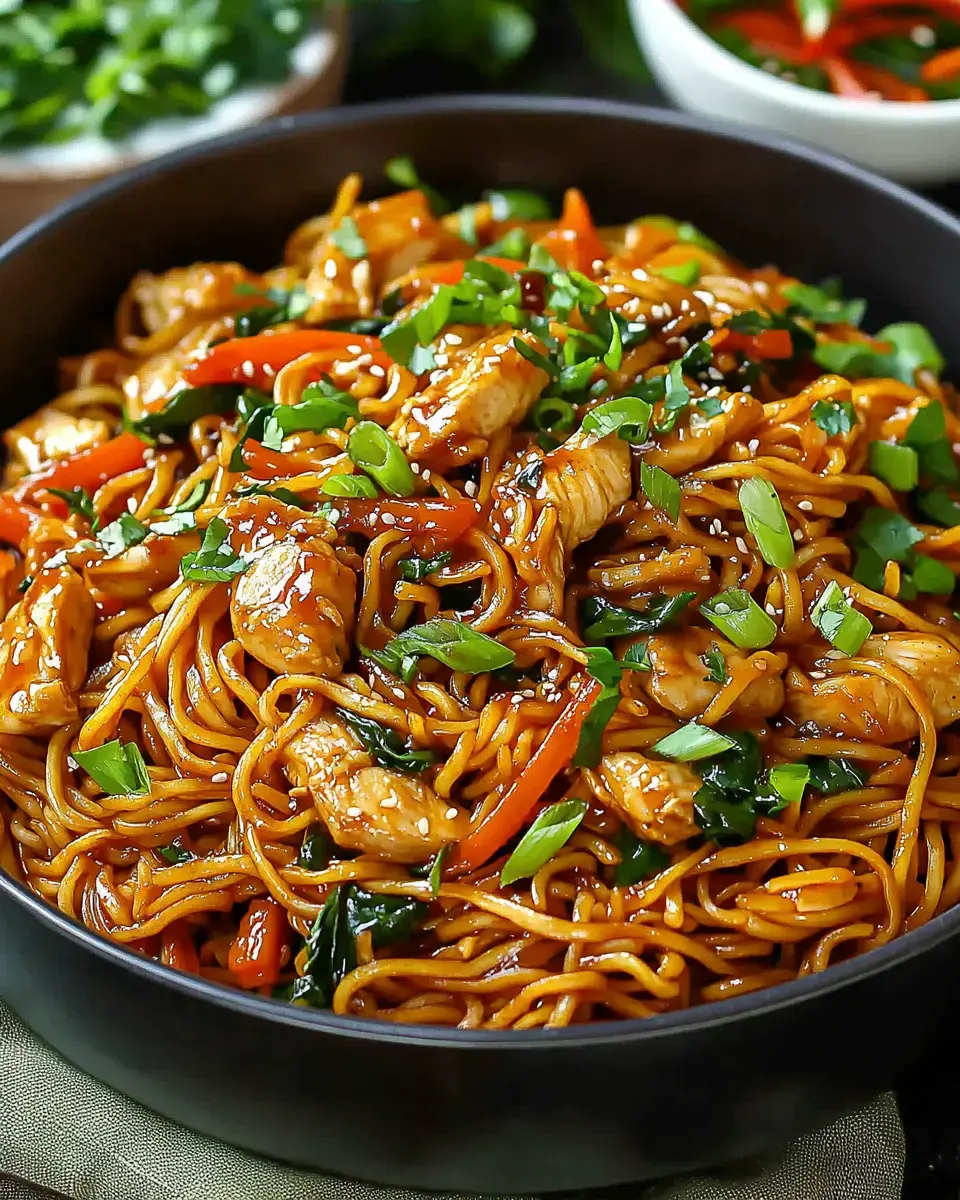 A close-up of a bowl filled with stir-fried noodles topped with chicken, colorful bell peppers, green onions, and sesame seeds.