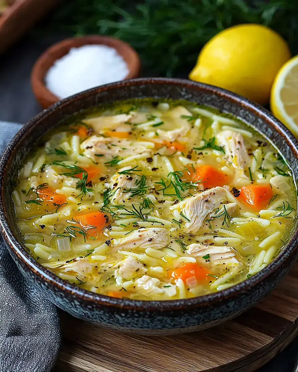 A bowl of chicken soup with orzo pasta, carrots, and fresh dill, accompanied by lemon halves and salt in the background.