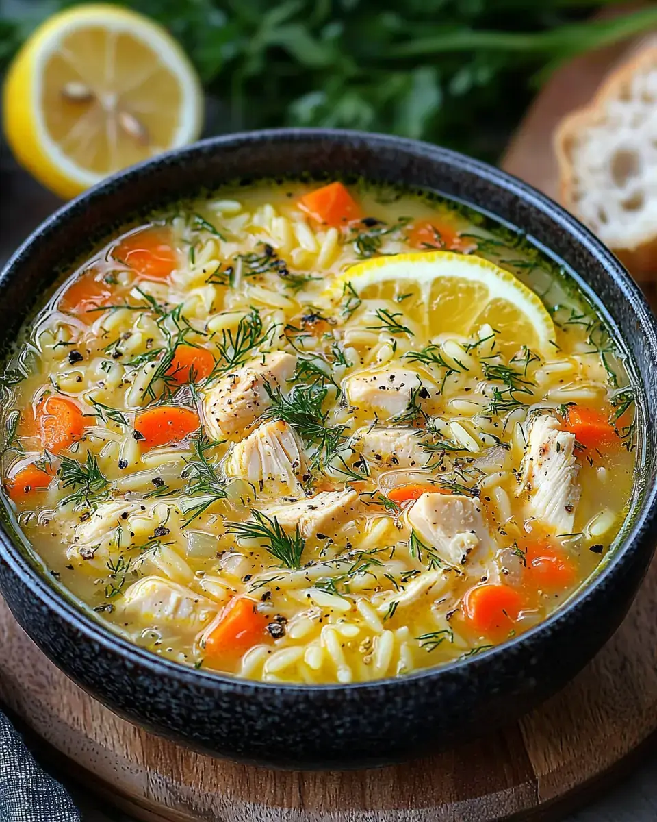 A bowl of chicken orzo soup garnished with fresh dill and lemon, surrounded by pieces of bread and a lemon half in the background.