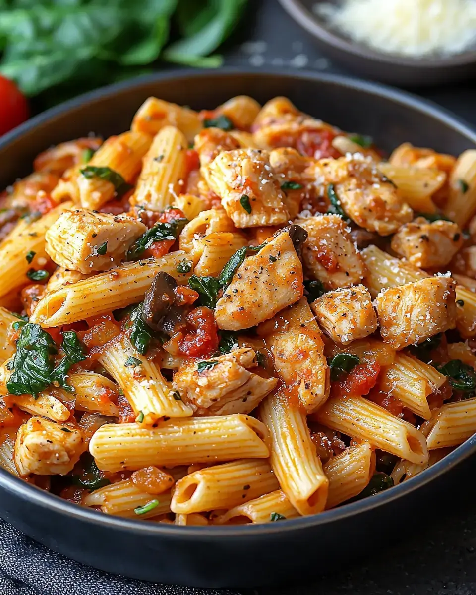 A close-up of a bowl of pasta mixed with pieces of chicken, spinach, and a savory tomato sauce.