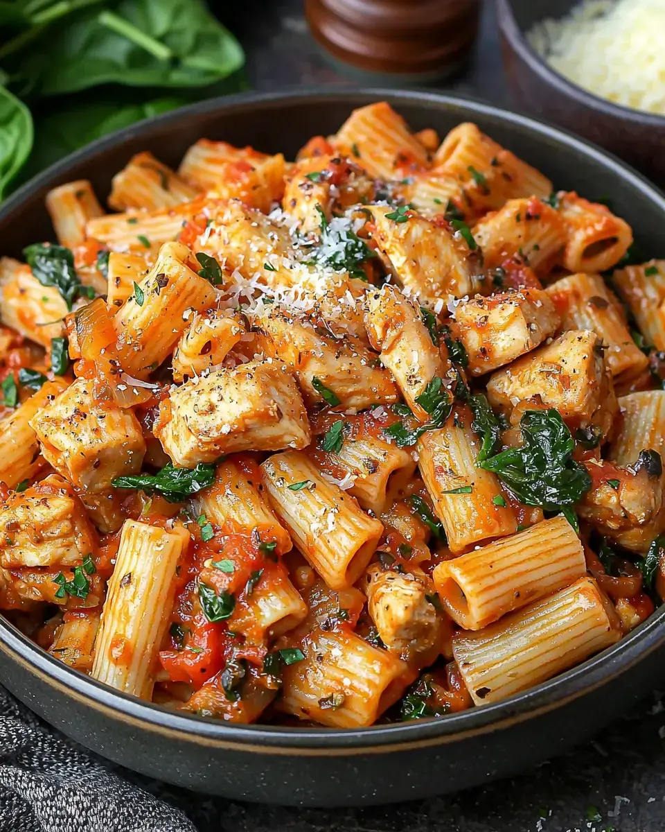 A close-up view of a bowl filled with rigatoni pasta mixed with chunks of chicken, spinach, and a rich tomato sauce, garnished with herbs and grated cheese.