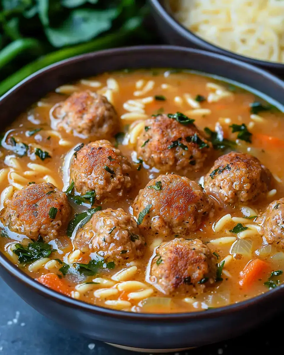 A bowl of comforting soup with meatballs, pasta, and vegetables, garnished with fresh herbs.