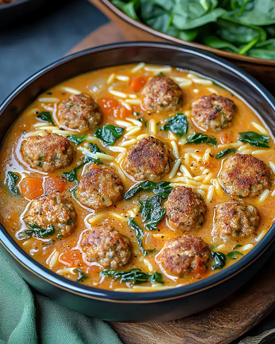 A bowl of meatball soup with spinach, pasta, and vegetables in a rich broth.