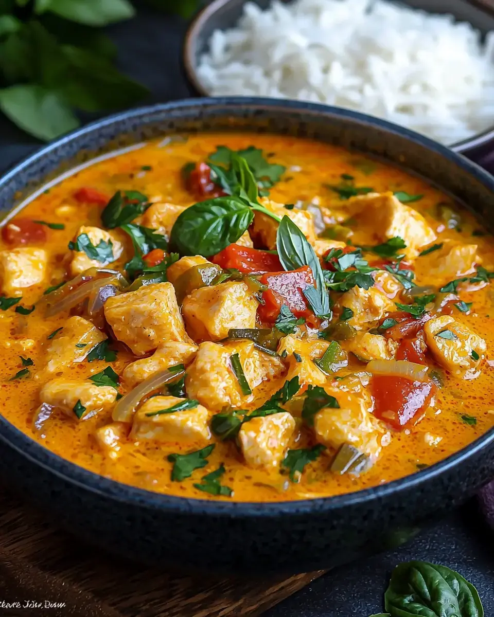 A bowl of creamy chicken curry with colorful vegetables and fresh herbs, accompanied by a small bowl of white rice.