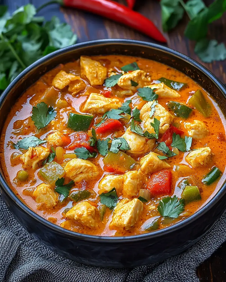 A bowl of chicken stew with colorful vegetables and garnished with fresh cilantro.