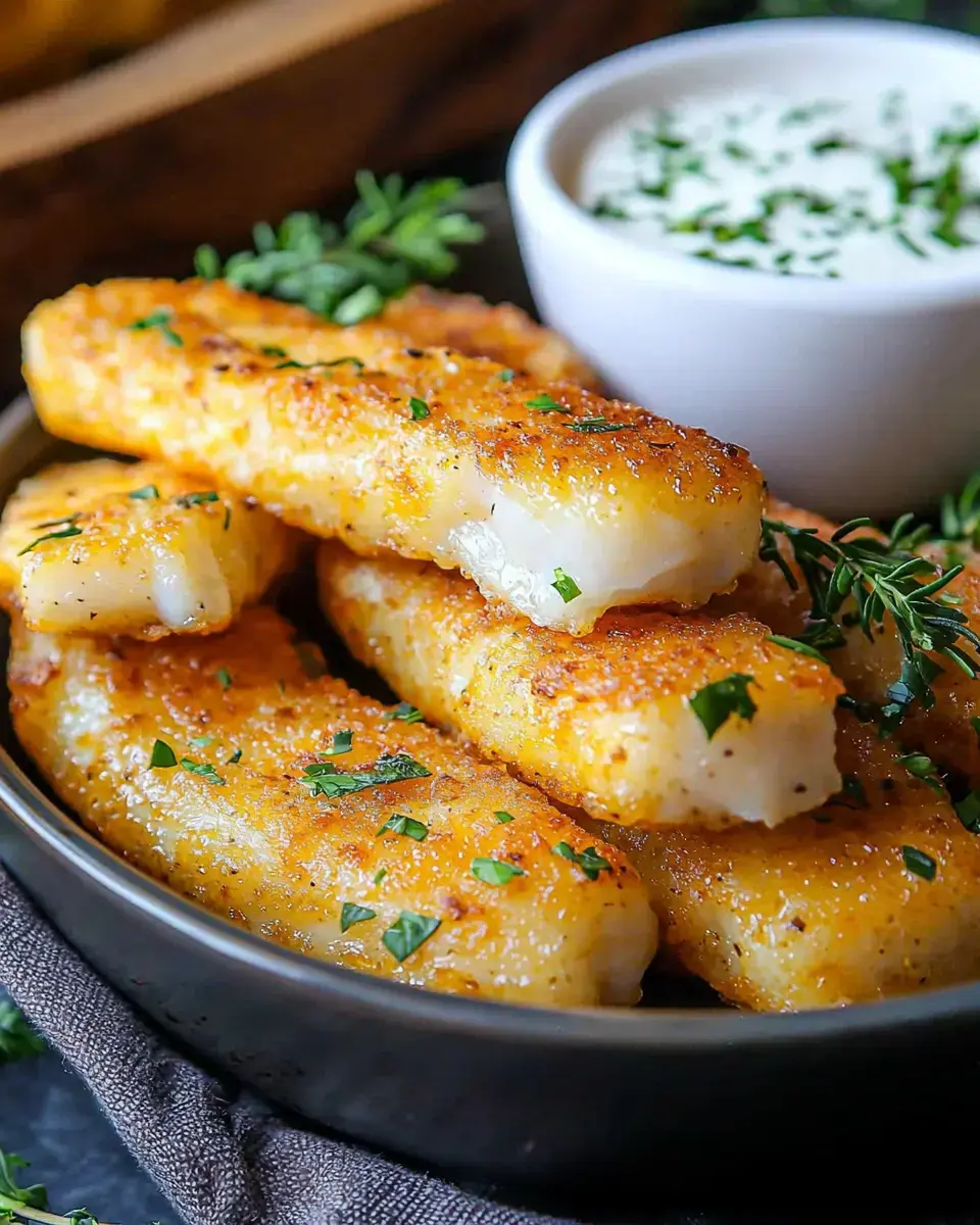 A close-up of golden-brown, crispy fish sticks garnished with herbs, served in a black bowl alongside a small dish of dipping sauce.