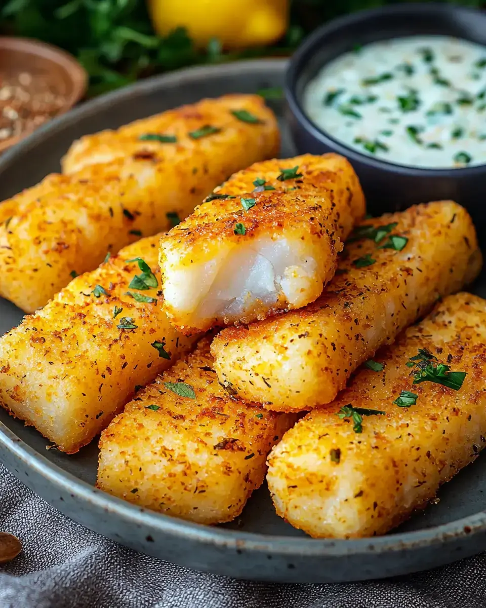 A plate of golden-brown, crispy fish sticks garnished with chopped parsley, accompanied by a bowl of dipping sauce.